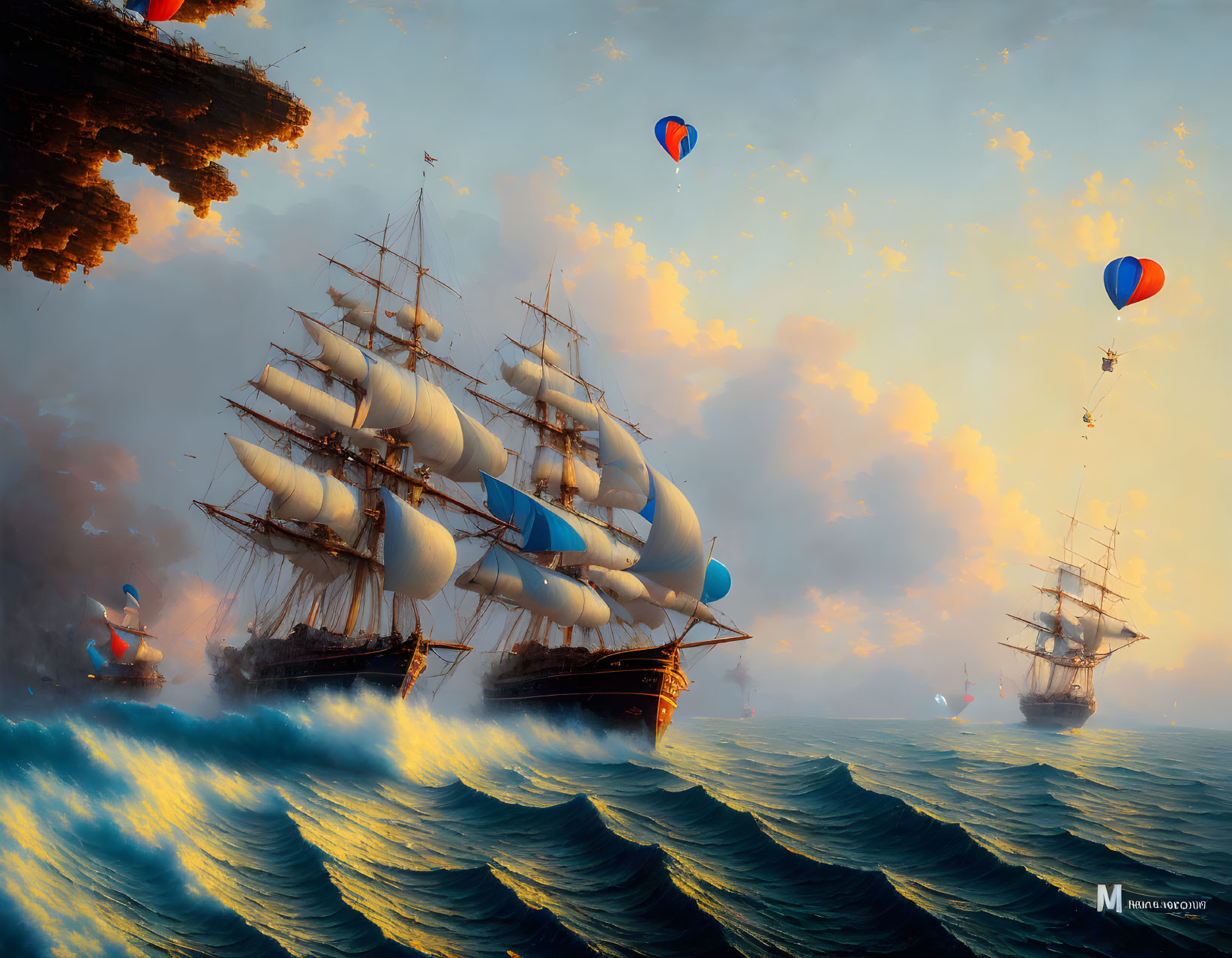 Sailing ships and hot air balloons on wavy ocean at sunset