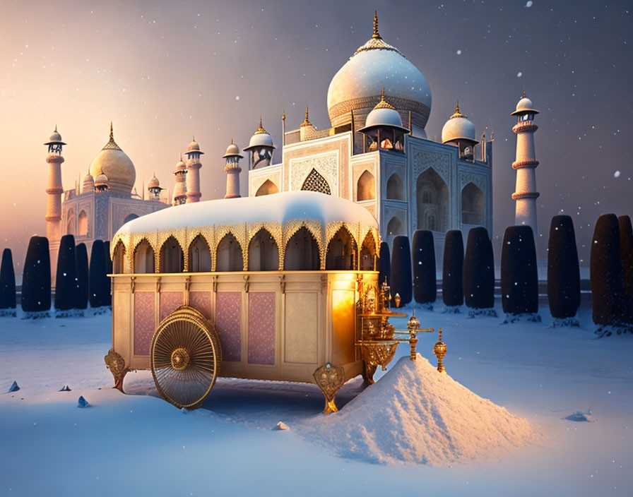 Ornate fantasy carriage in snowy terrain with Taj Mahal-like palace at twilight