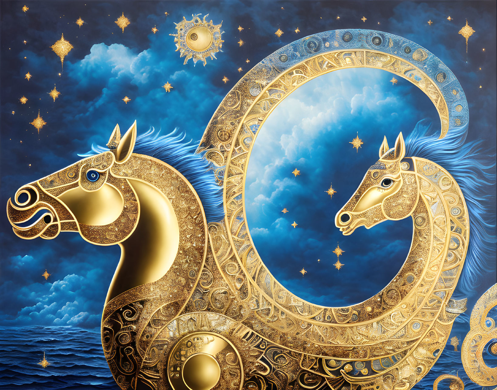 Surreal image of golden horses in cosmos setting