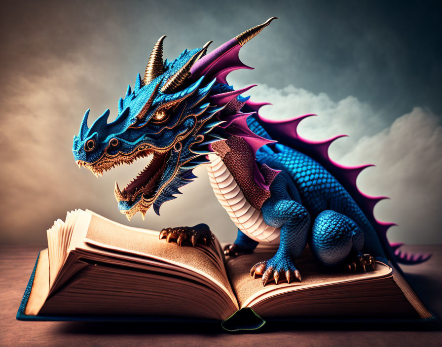 Blue and Purple Dragon Figurine Emerging from Open Book