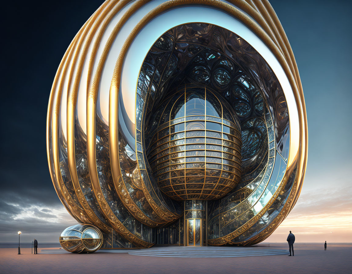 Golden futuristic circular design structure on beach at dusk with glass facade and solitary figure.