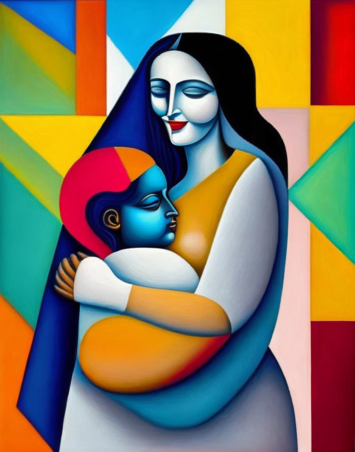 Abstract painting of woman and child with blue skin and geometric background