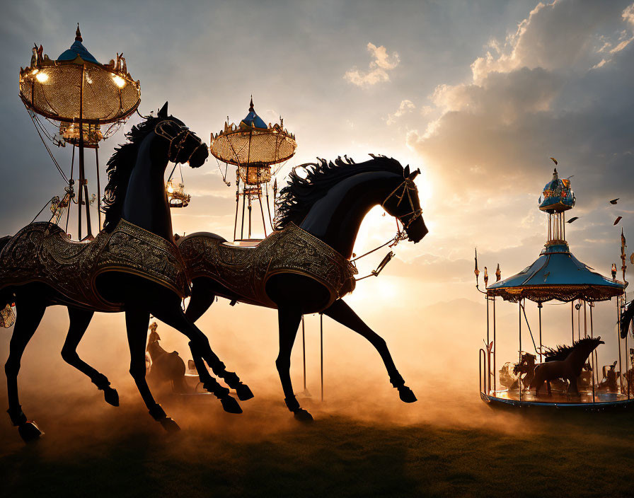 Carousel horses silhouetted at sunset with ornate decorations and misty ambiance.