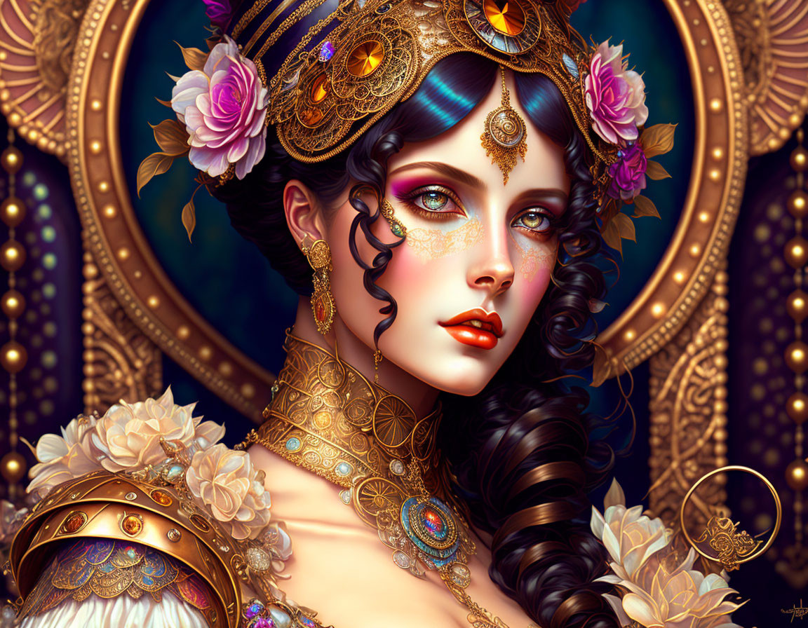 Digital artwork featuring woman with ornate golden jewelry, detailed headdress, blue eyes, roses in hair