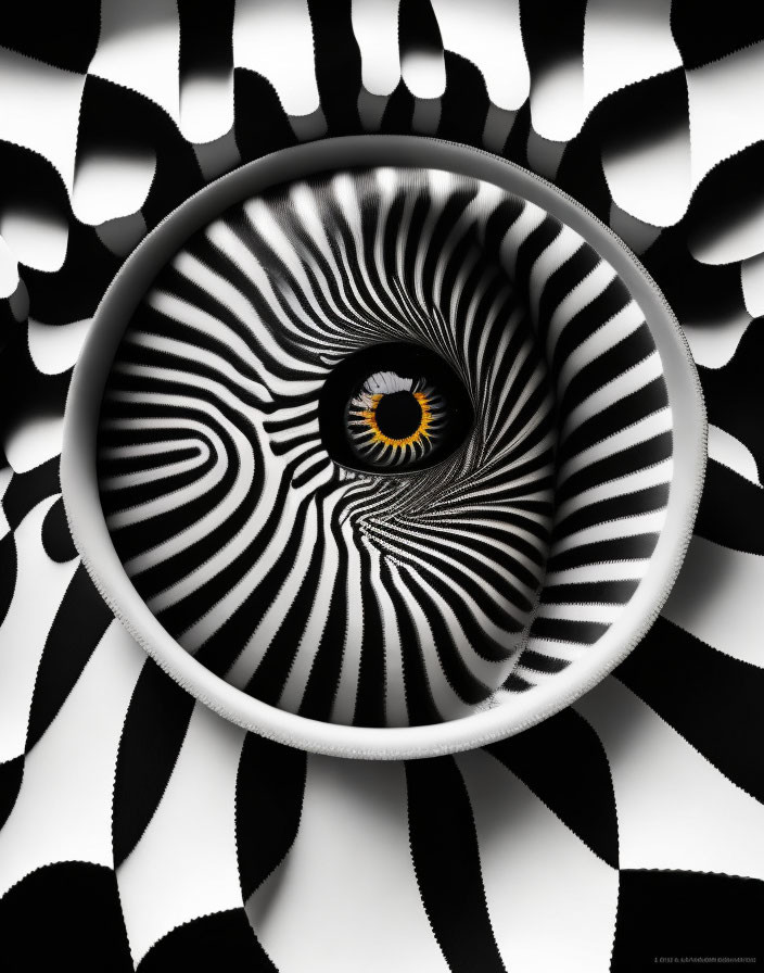 Surreal eye in concentric circles with hypnotic black and white pattern