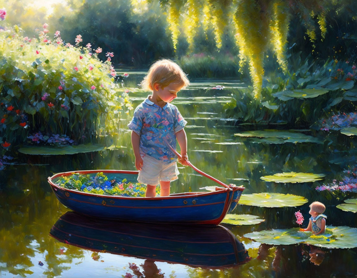 Child in boat surrounded by flowers gazes at lily pads in serene garden pond.