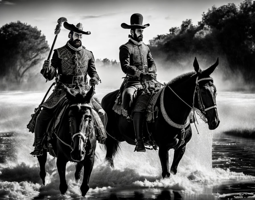 Elegantly dressed horsemen riding through water in traditional attire