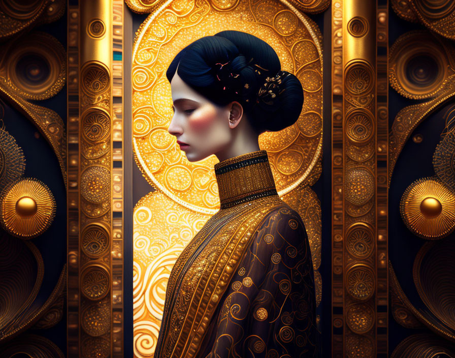 Intricate Hairstyle and Ornate Attire on Woman Against Golden Circles