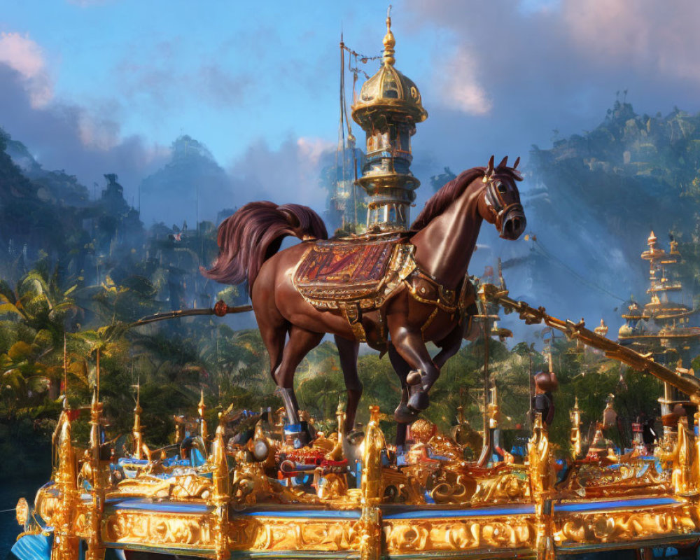 Brown horse on golden carousel against mountain backdrop