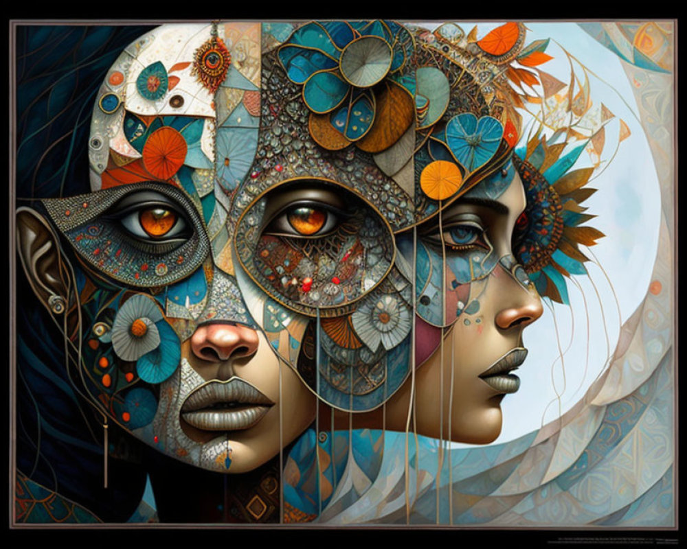 Surreal artwork with stylized faces, intricate patterns, floral motifs, and mechanical elements