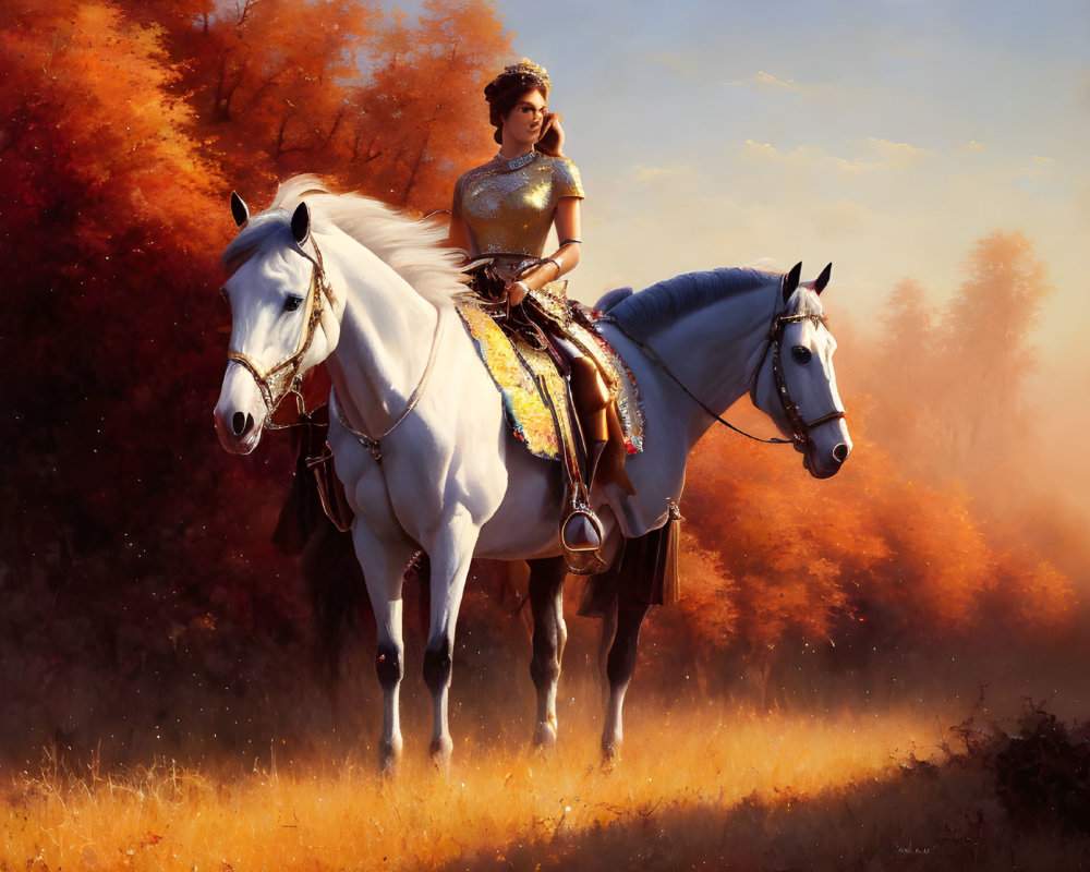 Medieval woman in armor on white horse with autumn backdrop