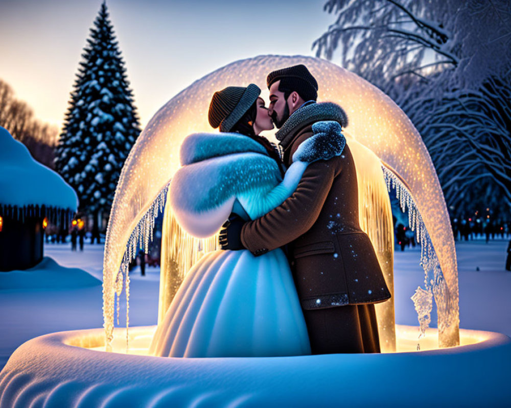 Romantic couple kissing in glowing snowglobe winter scene