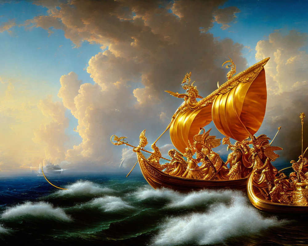 Golden Ship Sailing Turbulent Seas Under Dramatic Sky