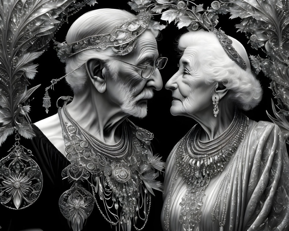 Elderly couple in ornate attire touching foreheads