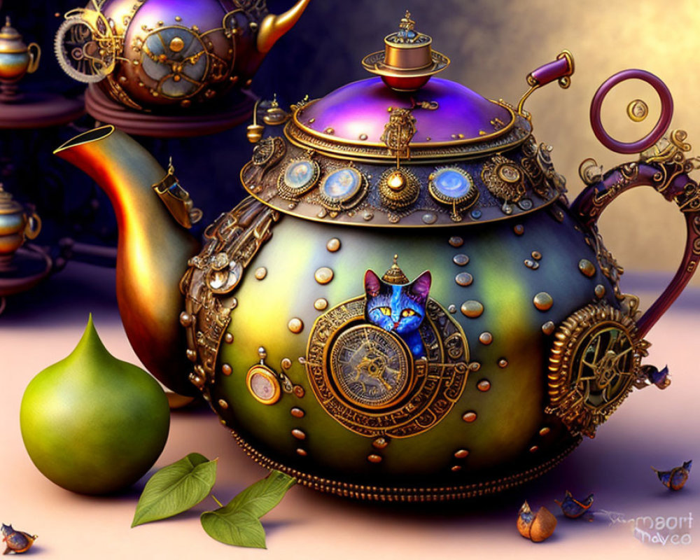 Colorful Steampunk-Style Teapot with Gears and Butterfly Motifs