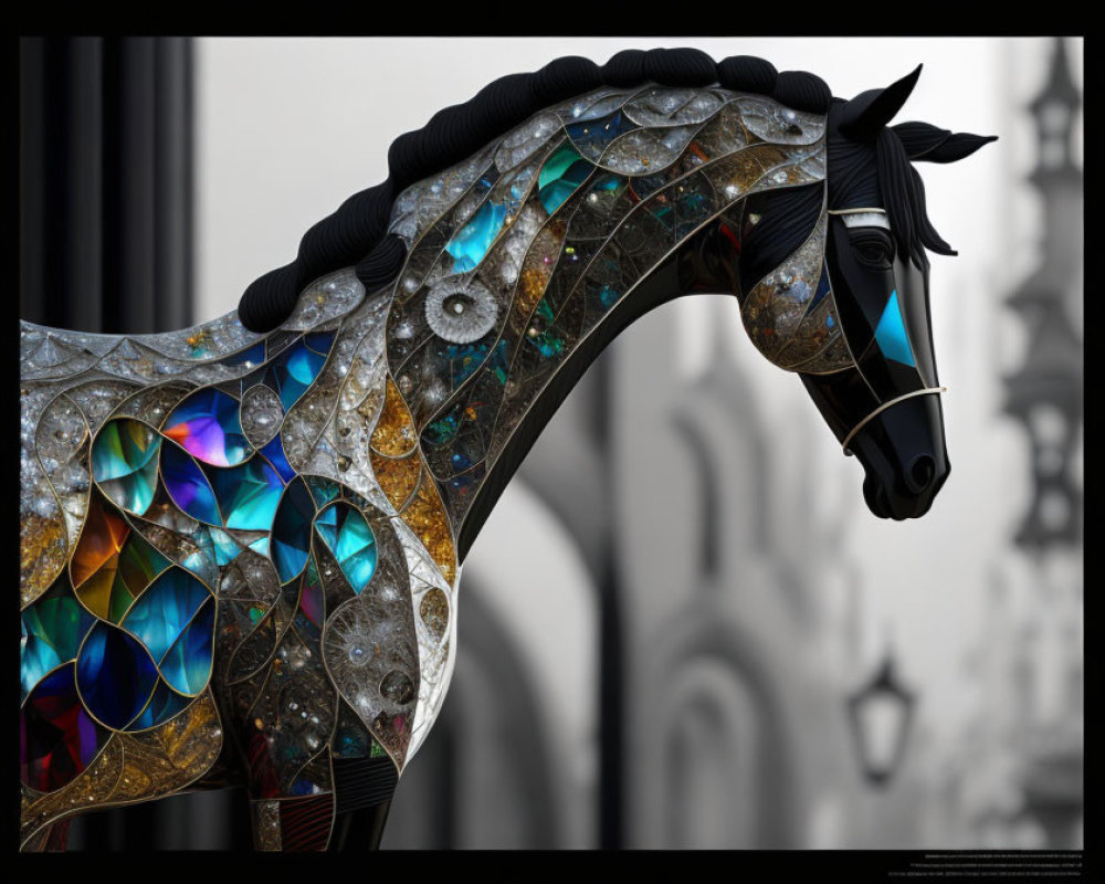 Intricate Blue, Turquoise, and Gold Mosaic Horse Sculpture