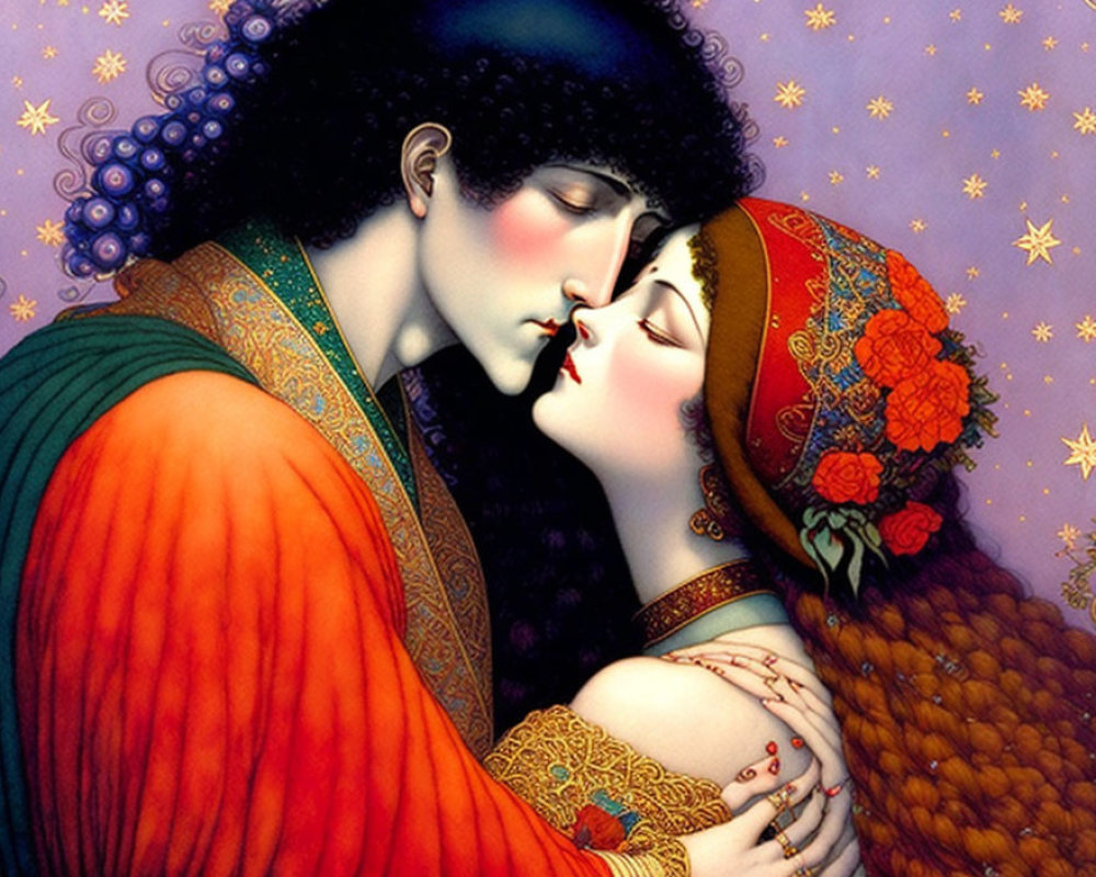 Romantic couple kissing in medieval attire on purple starry background