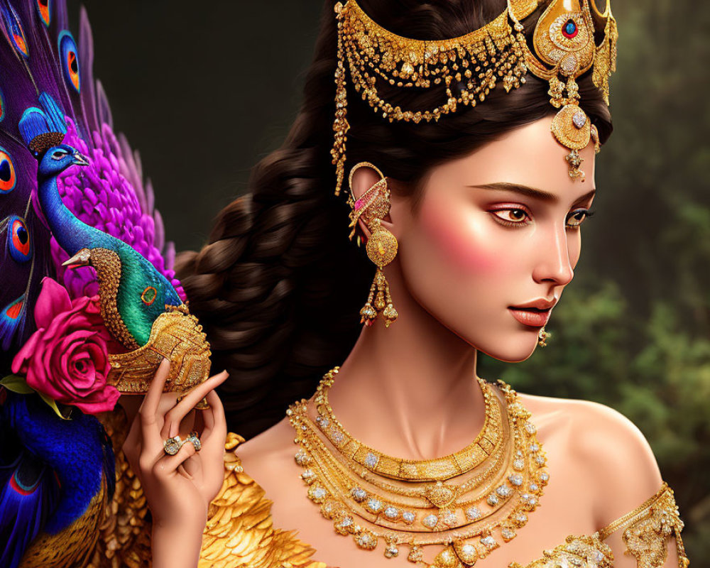 Woman adorned with gold jewelry and peacock in vibrant illustration.