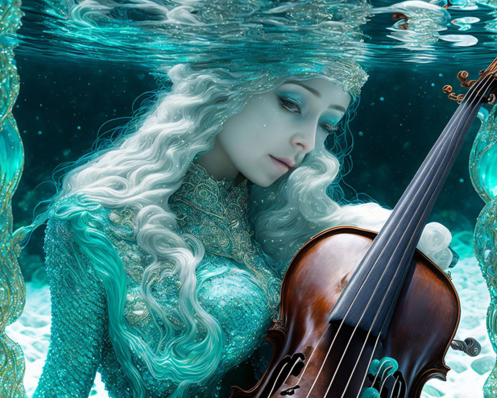 Ethereal underwater scene with woman in teal dress holding violin