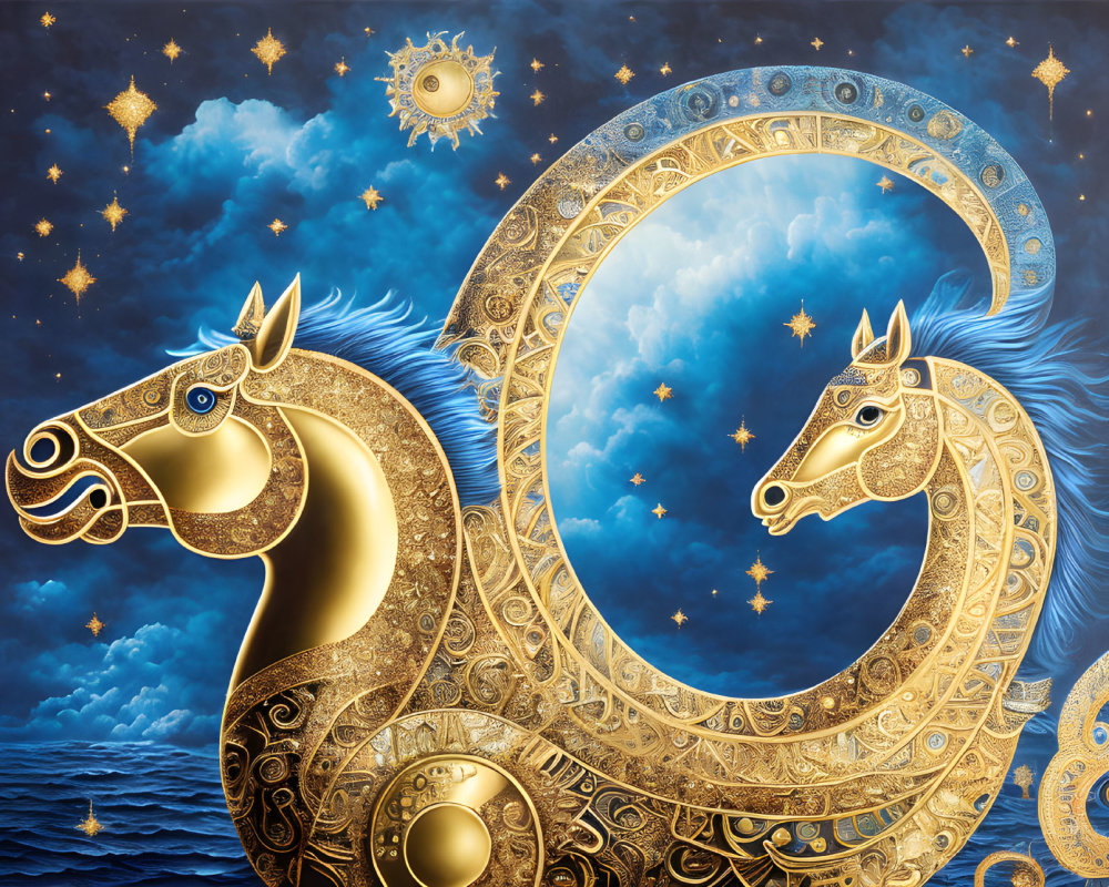 Surreal image of golden horses in cosmos setting