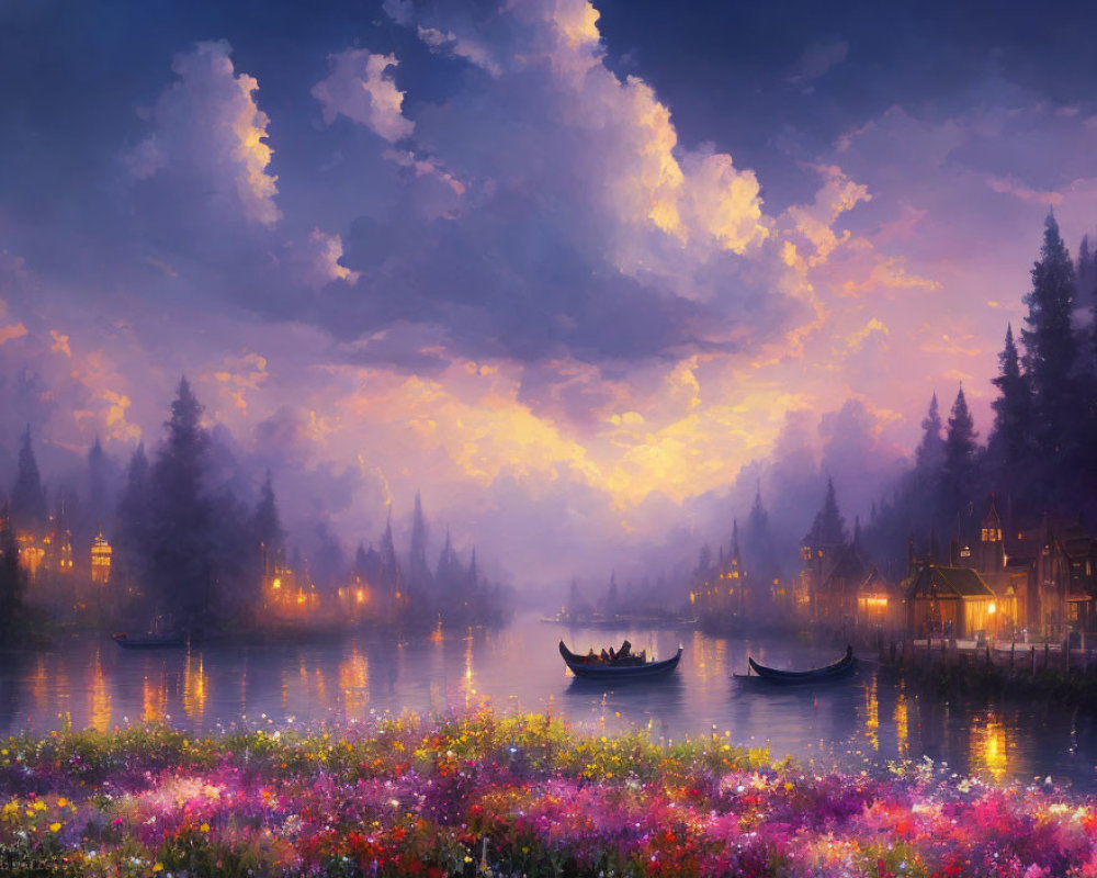 Twilight scene with vibrant sky, boats, cottages, and colorful flowers