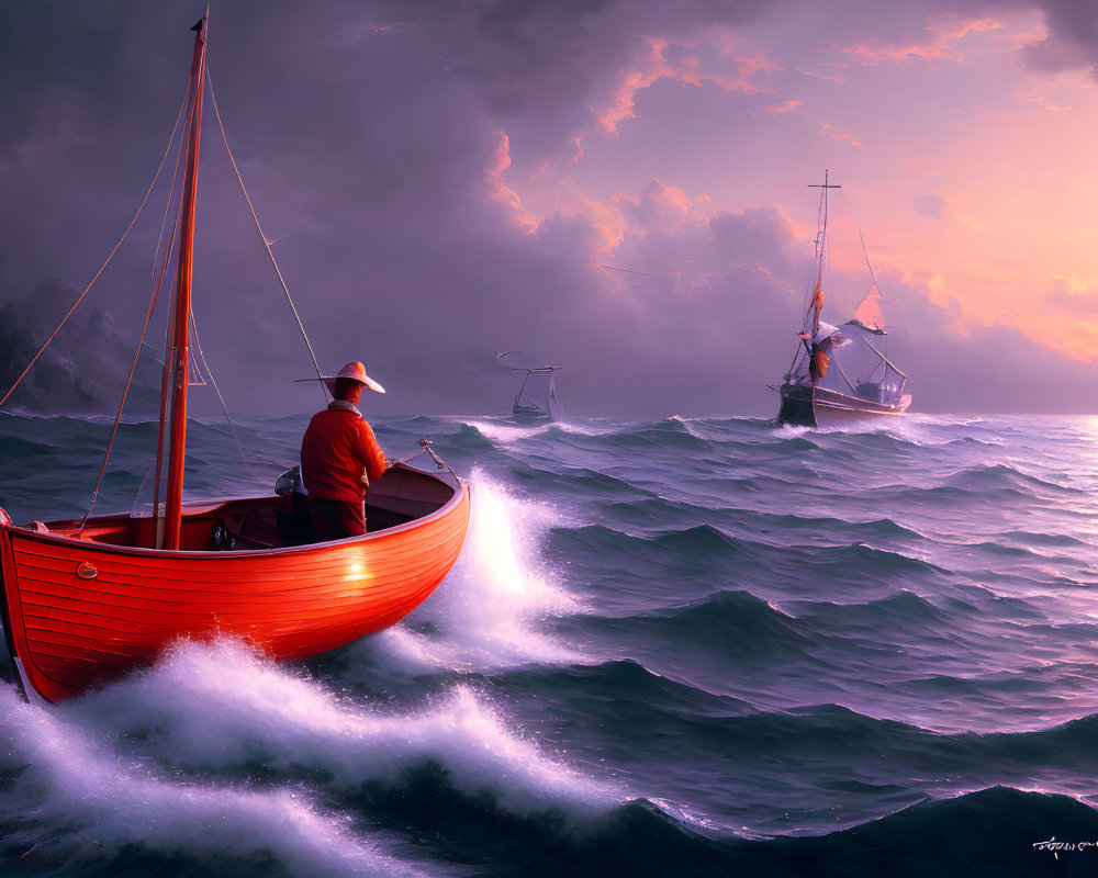 Red boat fishing in turbulent seas with purple sky & second boat