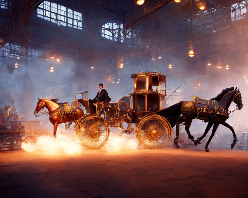 Steampunk-style carriage with mechanical horse in dramatic scene