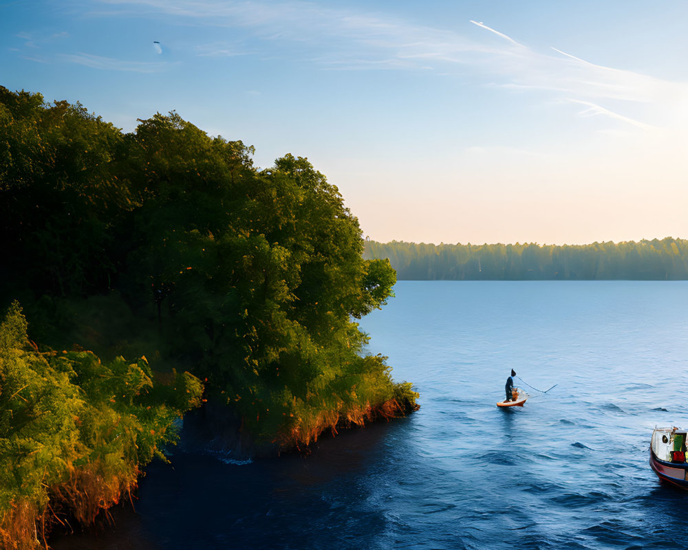 Tranquil sunrise lake scene with kayaker and boat, forested shoreline