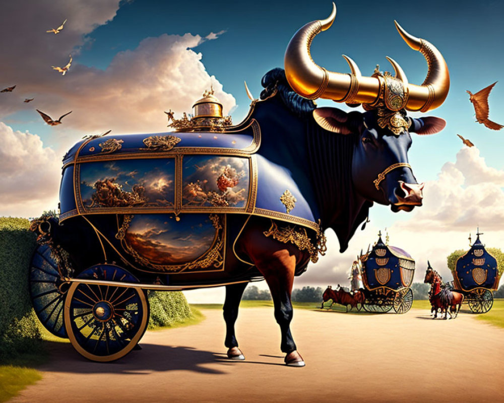 Digital artwork of ornate oxen-pulled carriage under dramatic sky