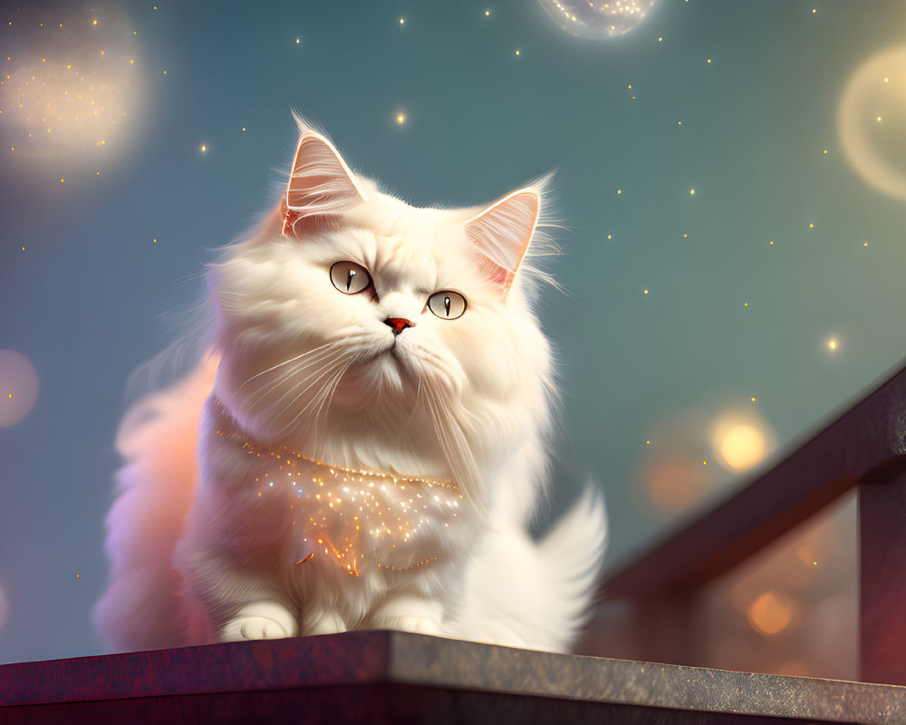 White fluffy cat with starry collar under magical night sky