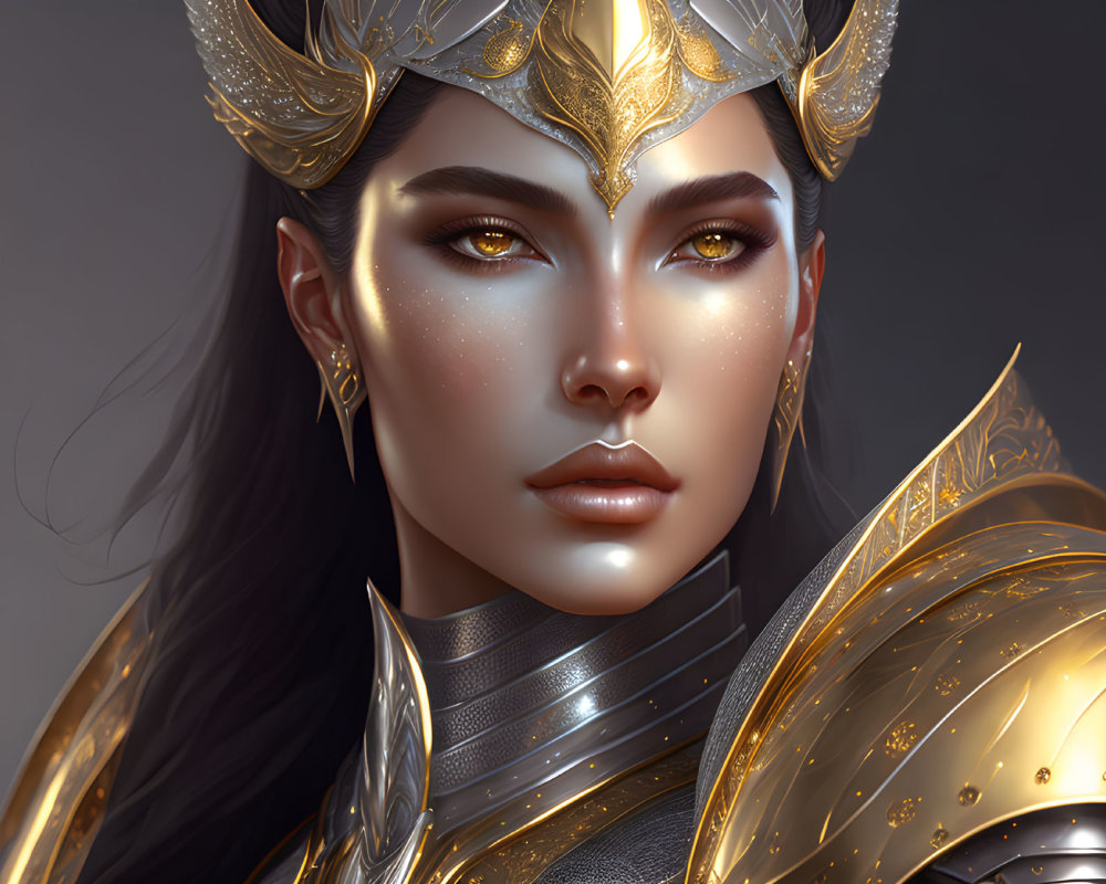 Illustrated female warrior in ornate golden armor and headdress