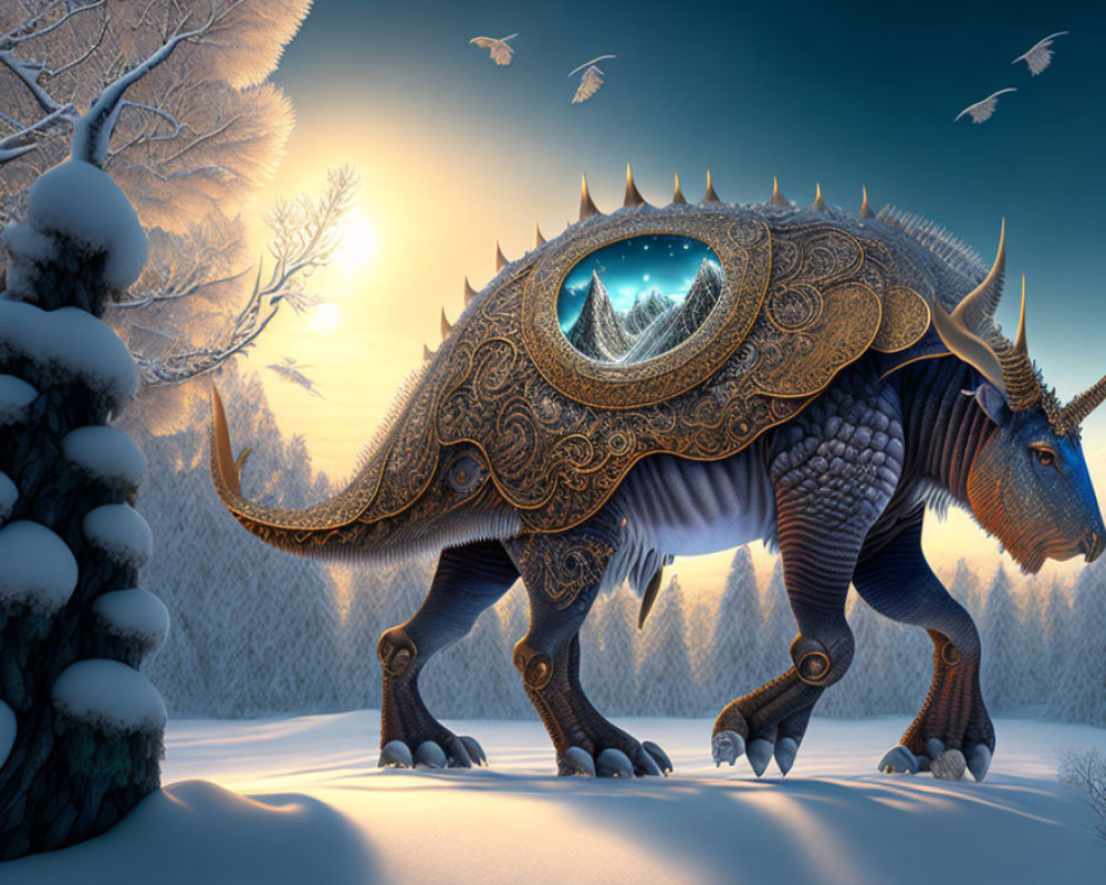 Decorated dinosaur-like creature in snowy twilight with flying birds