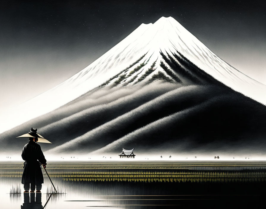 Traditional East Asian attire figure contemplates Mt. Fuji over serene water