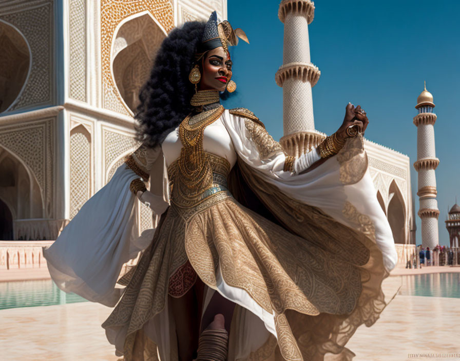 Elaborate Gold and White Costume Twirling at Ornate Mosque