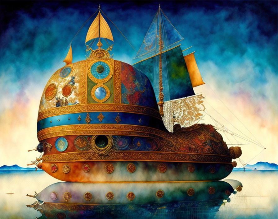 Fantastical ornate ship with intricate designs sailing over barren landscape