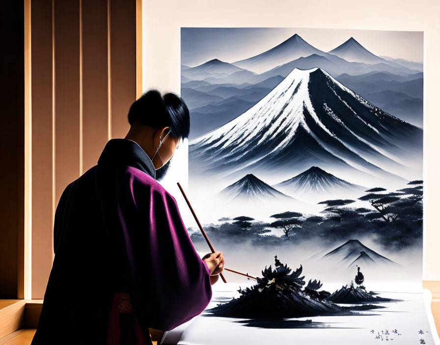 Traditional Attire Artist Painting Monochromatic Mountain Landscape