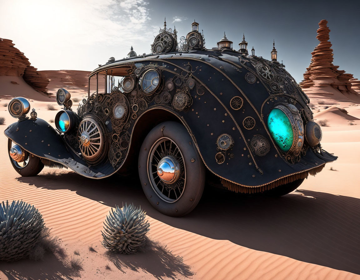 Steampunk-style vehicle with glowing blue orbs in desert landscape