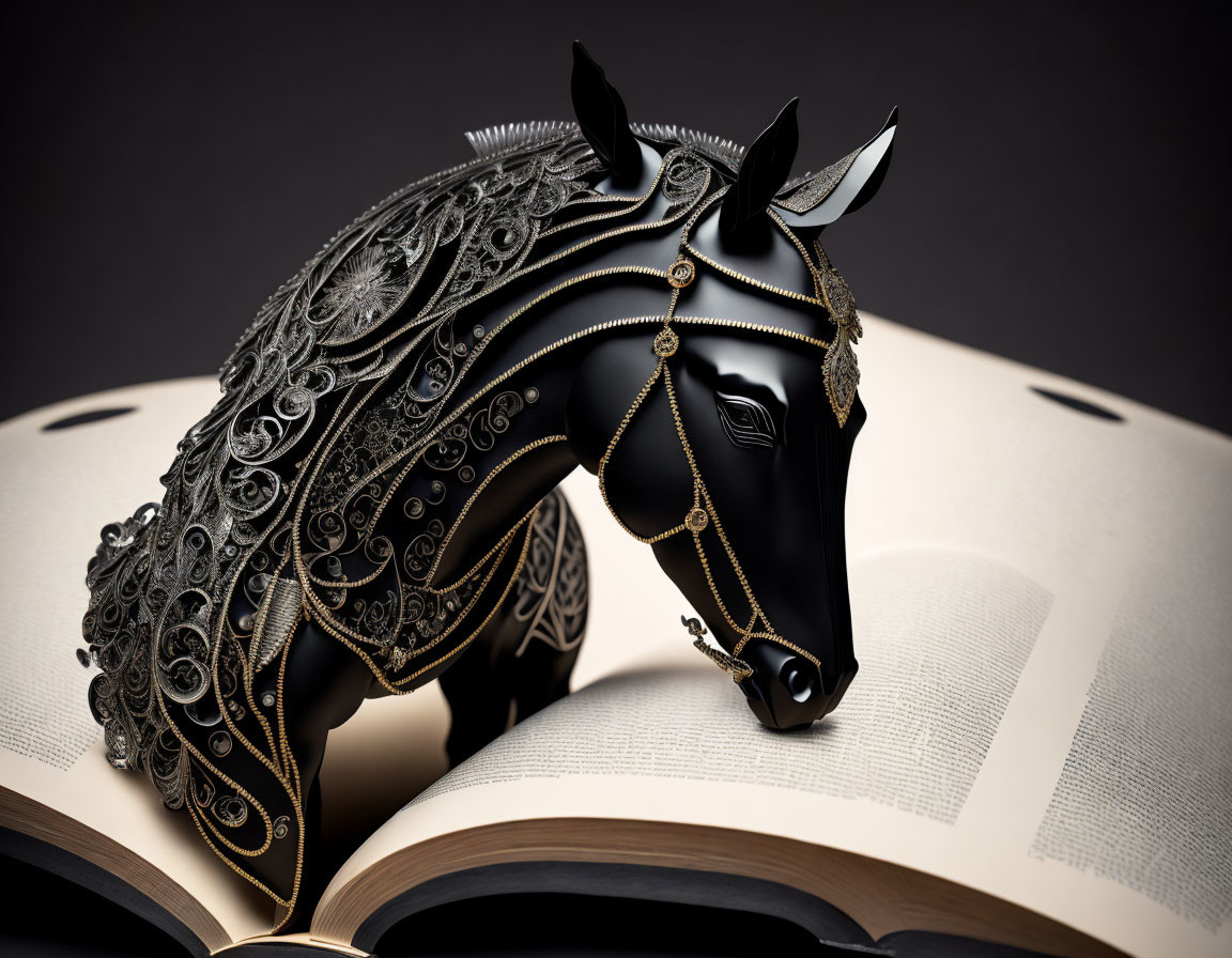 Detailed Black Horse Figurine with Silver Embellishments on Open Book