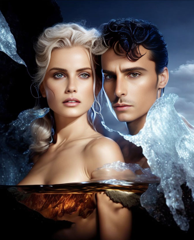 Two individuals with striking features in water under a night sky, featuring ethereal wings.