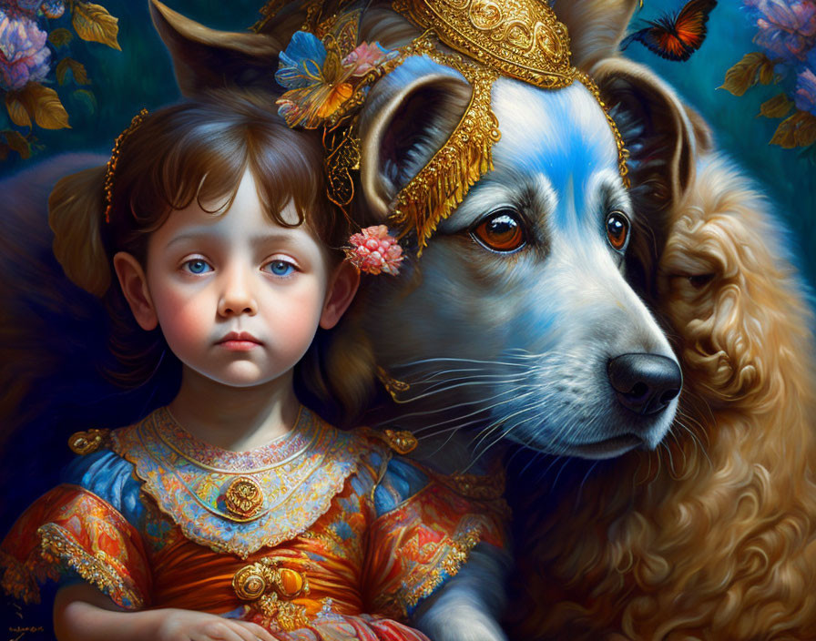 Young girl with floral accessory and dog in golden headdress among vibrant blue flowers