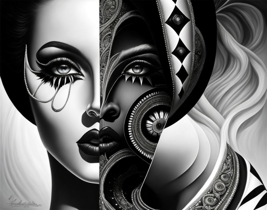 Symmetrical Monochromatic Artwork: Human and Mechanical Fusion