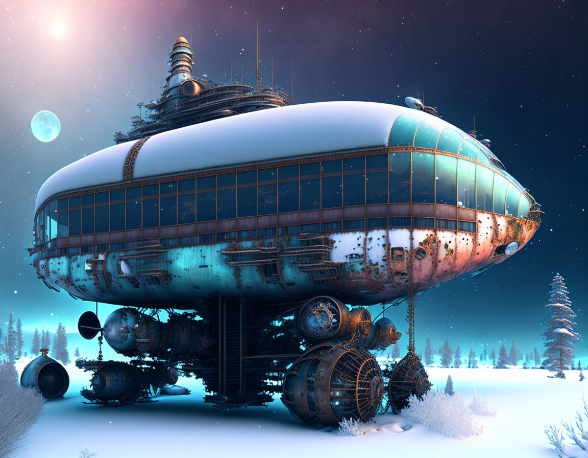 Weathered futuristic airship landed in snowy landscape at night