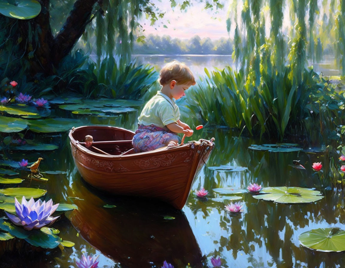 Child in small boat surrounded by water lilies and weeping willows