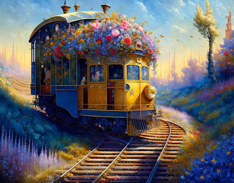 Colorful painting of flower-adorned tram in lush landscape