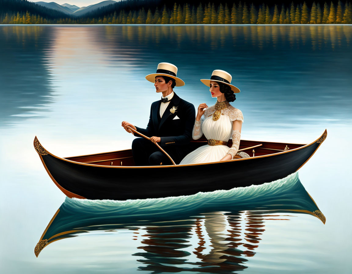 Vintage attired couple rowing classic wooden boat on calm lake with forested mountains.