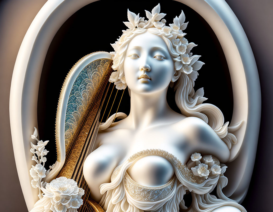 Classical-style sculpture of woman playing harp with floral accents