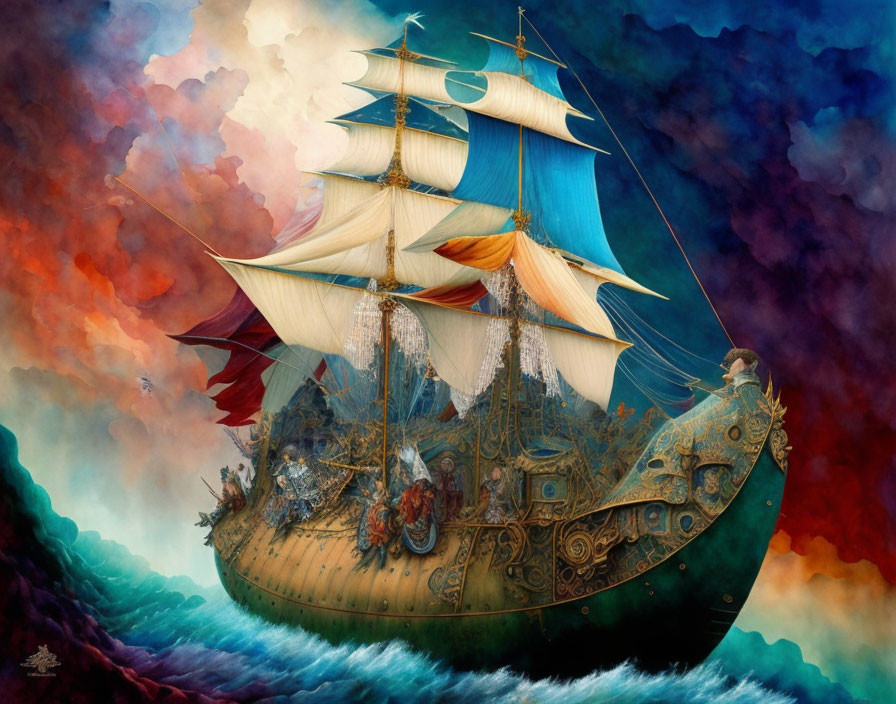 Colorful Fantasy Painting: Ornate Ship Sailing on Wavy Seas