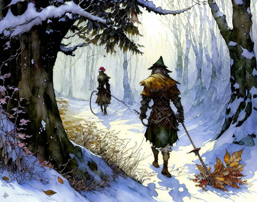 Medieval adventurers in snow-covered forest with bare trees and soft light.