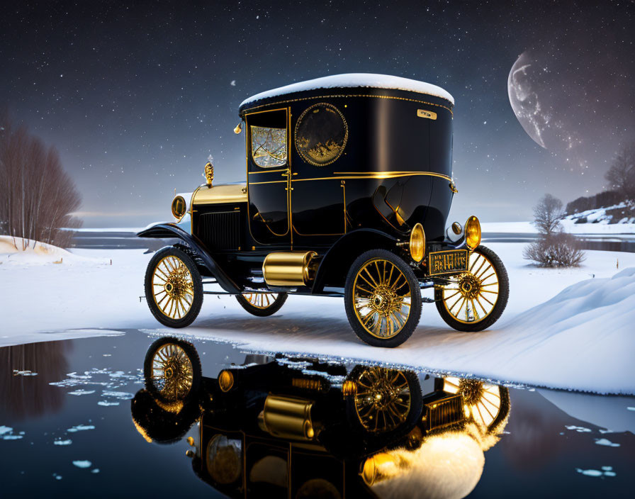 Vintage Car with Gold Accents Parked in Snowy Night Scene