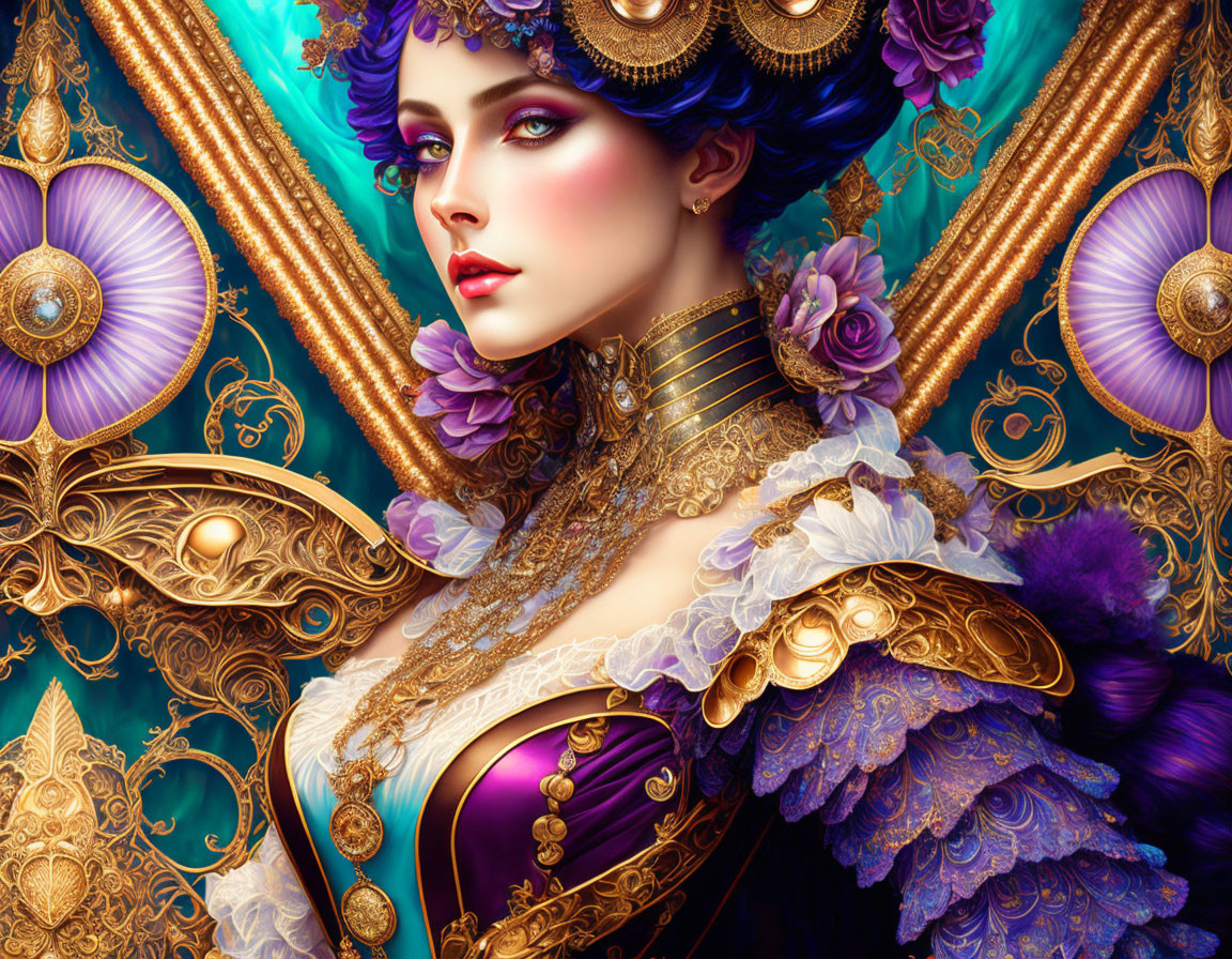 Digital artwork: Woman in Victorian attire, blue hair, golden accessories.